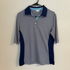 Callaway Women's Golf Polo Sports Medium Blue White Stripped Button‎ Closure